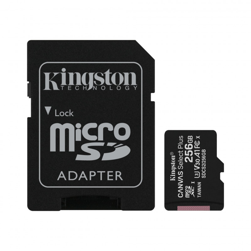 Kingston Canvas Select Plus UHS-I 256 GB, MicroSDXC, Flash memory class 10, SD Adapter