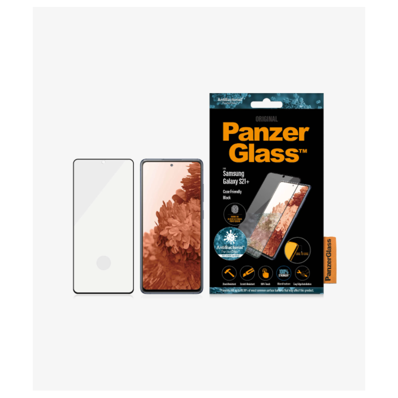 PanzerGlass Samsung, Galaxy S21+ Series, Antibacterial glass, Black, Antifingerprint screen protector, Case Friendly, Compatible