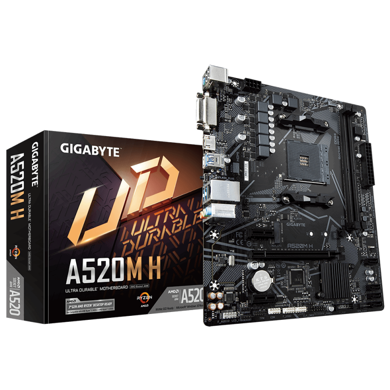 Gigabyte A520M H 1.0 Processor family AMD, Processor socket AM4, DDR4 DIMM, Memory slots 2, Chipset AMD A, Micro ATX