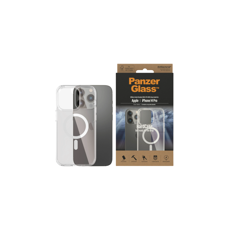 PanzerGlass HardCase MagSafe Compatible Back protection, Apple, iPhone 14 Pro, 100% Recycled Polyurethane (TPU), Transparent