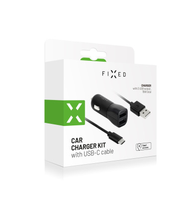 FIXED Dual USB Car Charger 15W+ USB/USB-C Cable, Black