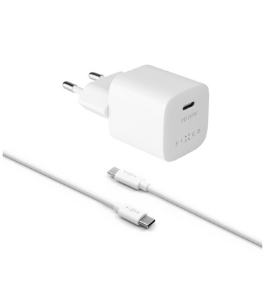 FIXED Mini Travel Charger 20W+ USB-C/USB-C Cable, White