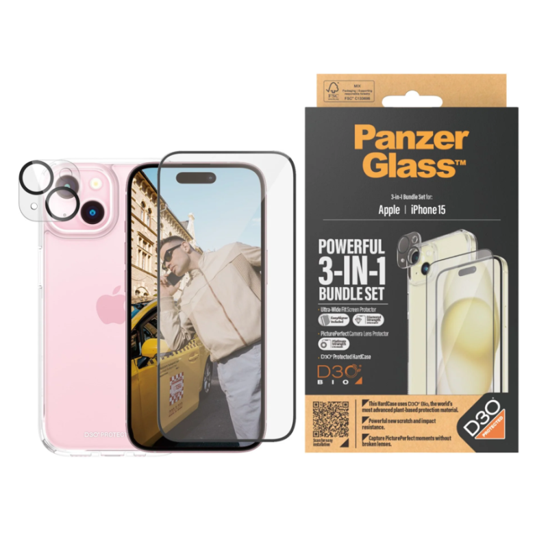 PanzerGlass Panzerglass 3-in-1 Pack iPhone 15, PicturePerfect Camera Lens Protector, a wireless charging compatible HardCase and