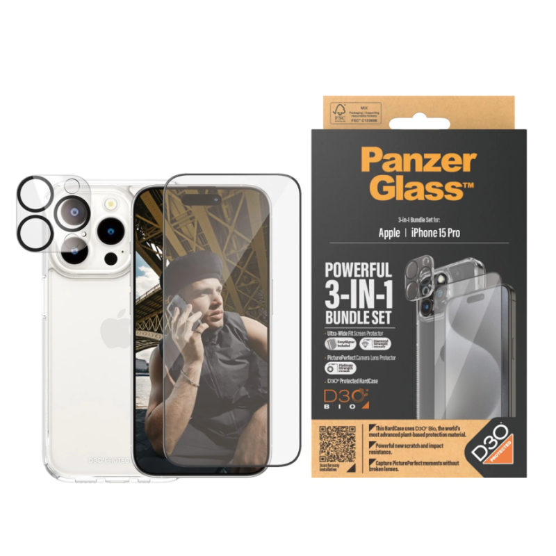 PanzerGlass Panzerglass 3-in-1 Pack iPhone 15 Pro, PicturePerfect Camera Lens Protector, a wireless charging compatible HardCase