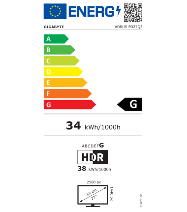 Gigabyte | Aorus Monitor | FO27Q3 EK1 | 27 " | OLED | QHD | 16:9 | 360 Hz | 0.03 ms | 2560 x 1440 pixels | 250 cd/m² | HDMI port