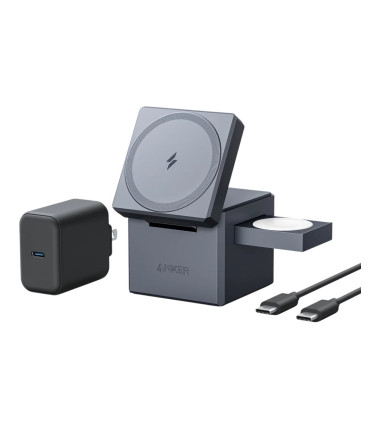 Anker Magnetic Wireless 15W 3-in-1 Cube with MagSafe, MFM, Gray | Anker