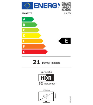 Gigabyte GS27FA EU1 | 27 " | IPS | FHD | 180 Hz | 1 ms | 1920 x 1080 pixels | 300 cd/m² | HDMI ports quantity 2