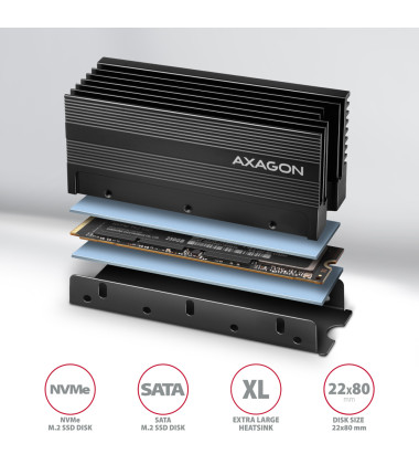 AXAGON Passive aluminum heatsink for single-sided and double-sided M.2 SSD disks, size 2280, height 36 mm | CLR-M2XL