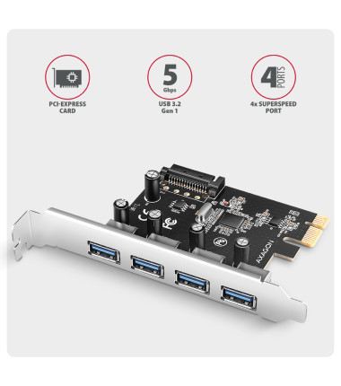 AXAGON PCI-Express card with four external USB-A 5Gbps ports | PCEU-430RS