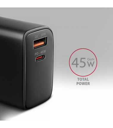 AXAGON ACU-PQ45 GaN Wall charger 45W, 2x port (USB-A + USB-C) PD3.0/PPS/QC4+/SFC 2.0/Apple