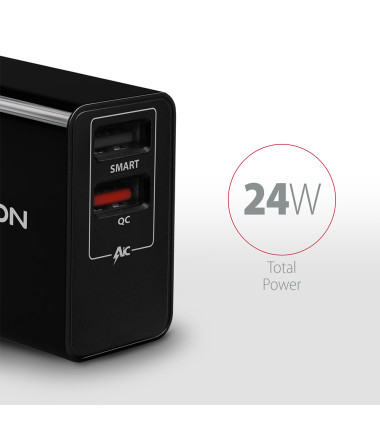 AXAGON ACU-QS24 QUICK and SMART Wall charger, 2x USB port QC3.0/AFC/FCP + 5V-1.2A, 24W