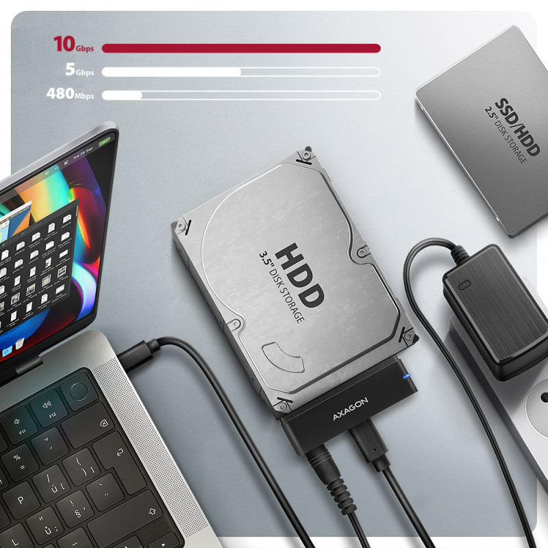 AXAGON ADSA-FPX USB-C 10Gbps - SATA 6G 2.5"/3.5" SSD/HDD FAST PORT X adapter incl. AC ad. | AXAGON