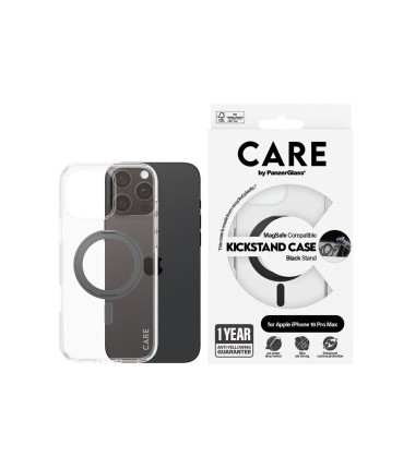CARE by PanzerGlassFeature Case Transparent w. Black Kickstand & MagSafe iPhone 16 Pro Max | CARE