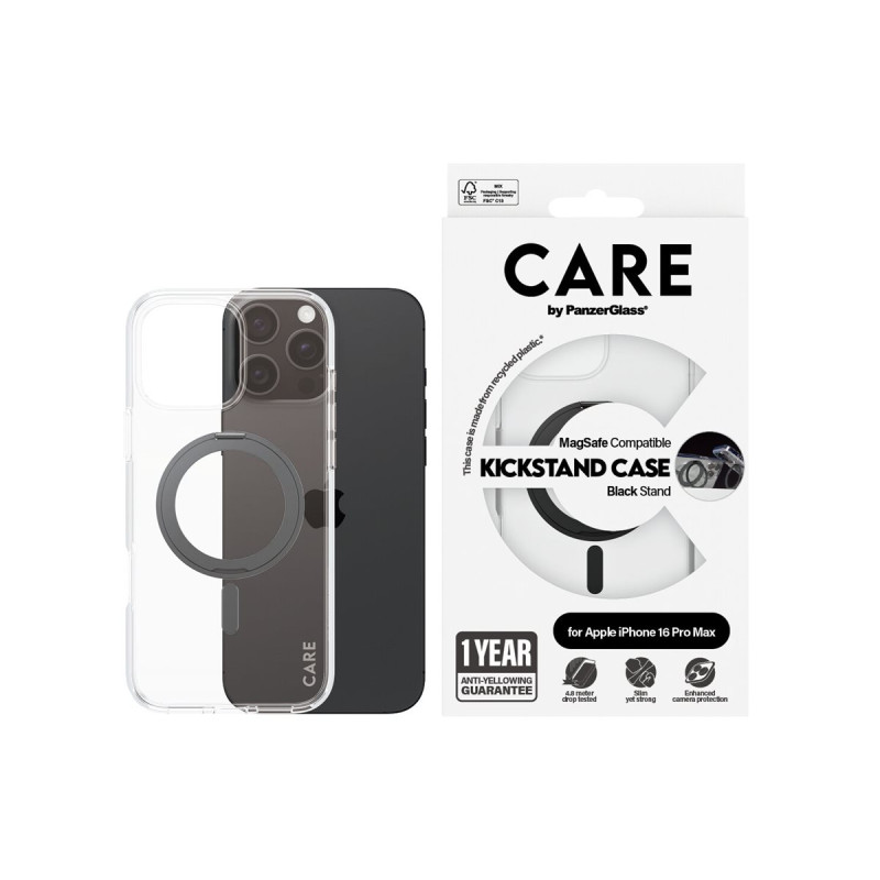 CARE by PanzerGlassFeature Case Transparent w. Black Kickstand & MagSafe iPhone 16 Pro Max | CARE