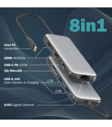 Digitus USB-C docking station, 8-port | DA-70915 | Ethernet LAN (RJ-45) ports 1 | HDMI ports quantity 2