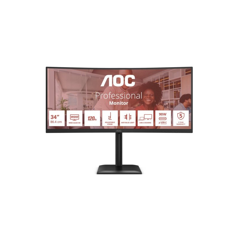 AOC CU34E4CV, 34 ", VA, 21:9, 120 Hz, 4 ms, 3440 x 1440 pixels, HDMI ports quantity 2, Black