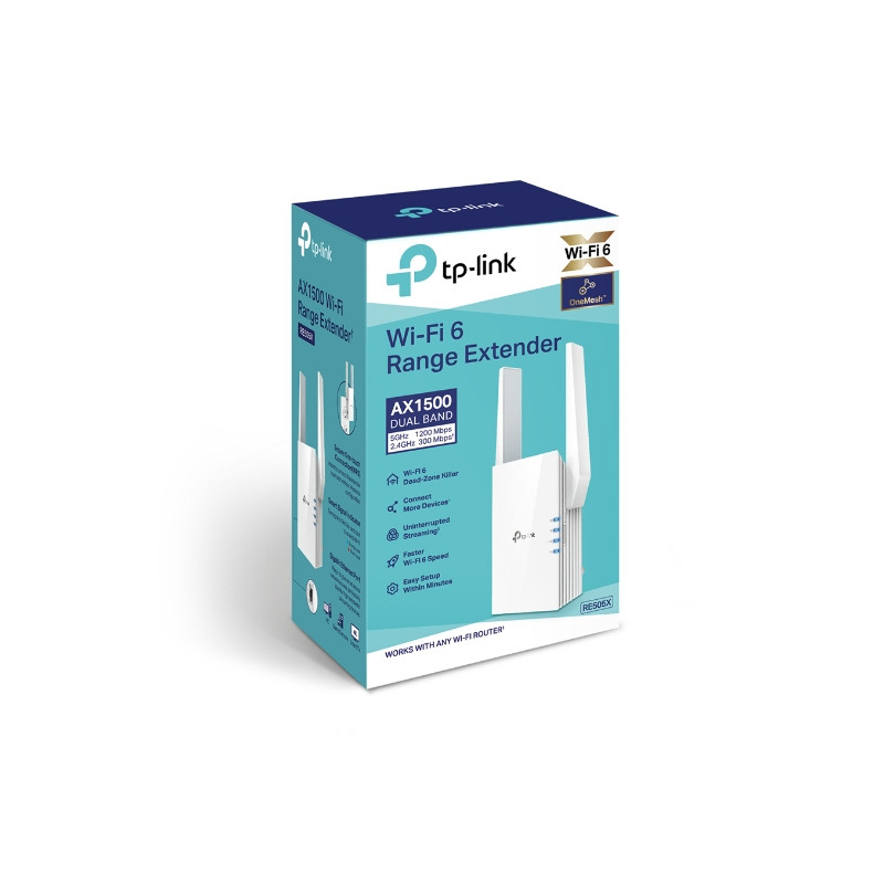 TP-LINK | Extender | RE505X | 802.11ax | 2.4GHz/5GHz | 300+1200 Mbit/s | 10/100/1000 Mbit/s | Ethernet LAN (RJ-45) ports 1 | MU-