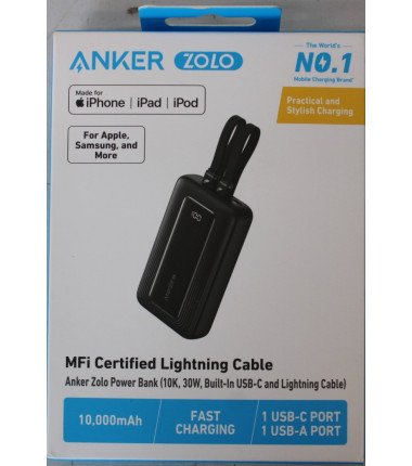 SALE OUT. | Anker Power Bank | A1680G11 | 10000 mAh | USB-C 30W, Lightning 27W | Built-In USB-C and Lightning Cables | Black | D
