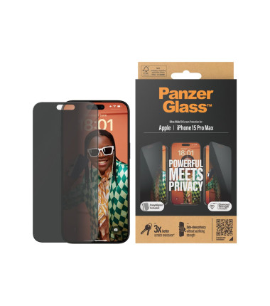 PanzerGlass | Privacy Screen Protector | Apple | iPhone 15 Pro Max | Tempered glass | Black | Ultra-Wide Fit W. Easyaligner