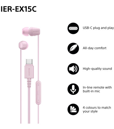 Sony Earbuds | IER‑EX15C | Wired | In-ear | Microphone | Pink