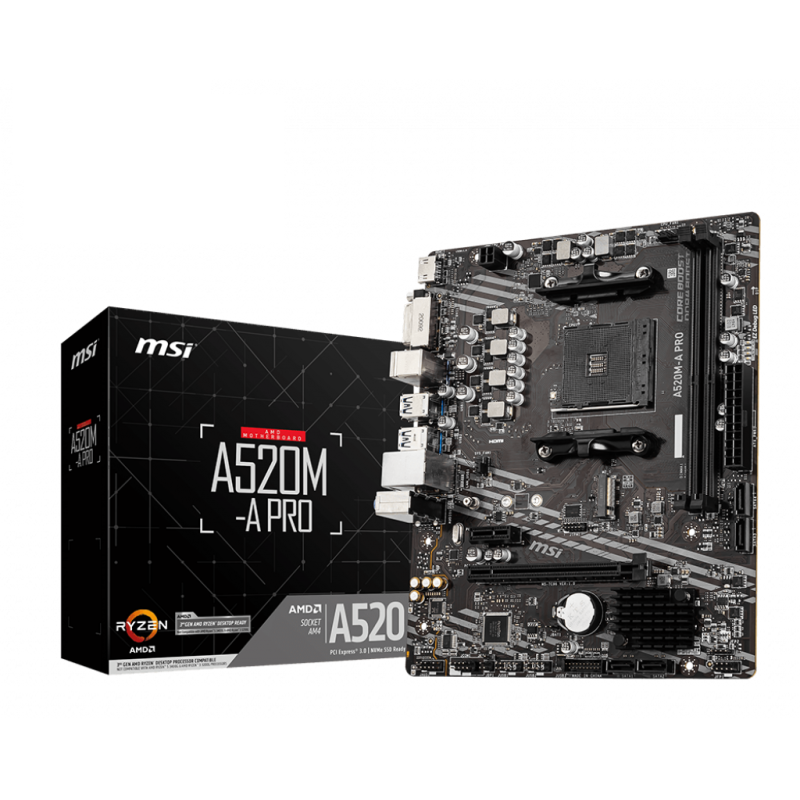 MSI, A520M-A PRO, Processor family AMD, Processor socket AM4, DDR4, Memory slots 2, Chipset AMD A, Micro ATX